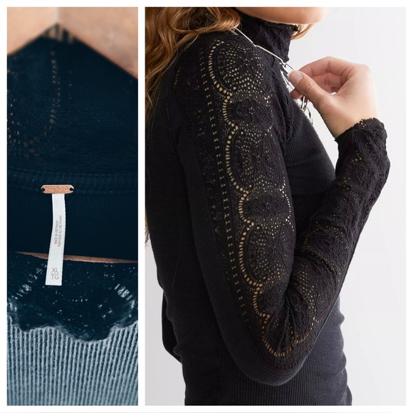 Free People Lace & Knit Mock Neck Tee XL NWT Black Long Sleeve - Picture 6 of 16